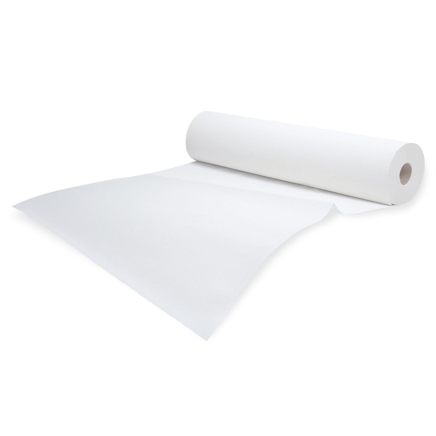 Een rol witte Meditrade Rollicel® artsenpapier, licht afgerold voor een eenvoudige witte achtergrond. De rol is diagonaal gepositioneerd, waarbij het uiteinde lichtjes opzij gebogen is.