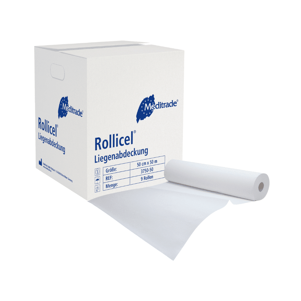 Een witte doos met Meditrade Rollicel® artsenpapier / rol, 39 - 59 cm x 50 m, 2-laags van het merk Meditrade GmbH, afgebeeld met een uitgerold vel dat uit de doos steekt. De doosdetails omvatten productgrootte en hoeveelheid. Dit product is ook bekend als