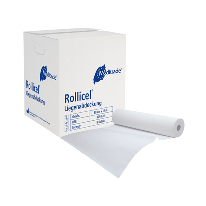 Een witte doos met Meditrade Rollicel® artsenpapier / rol, 39 - 59 cm x 50 m, 2-laags van het merk Meditrade GmbH, afgebeeld met een uitgerold vel dat uit de doos steekt. De doosdetails omvatten productgrootte en hoeveelheid. Dit product is ook bekend als