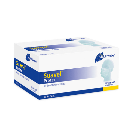 Een rechthoekige doos Meditrade Suavel® Protec OP-masker 50 stuks. De doos is voornamelijk wit met blauwe details en toont een afbeelding van een persoon die een masker draagt. Ze bevat 50 chirurgische maskers (3-laags) met hoge bacteriefilterefficiëntie en is voorzien van verschillende teksten en logo's van Meditrade GmbH.