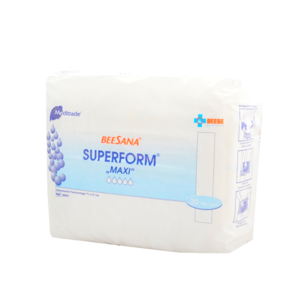 Een pak Meditrade Superform® Maxi incontinentieverband (20 stuks) van Meditrade GmbH wordt afgebeeld in een witte verpakking met blauwe tekst en druppelgrafieken. De gebruiksaanwijzing is aan de zijkant gedrukt.