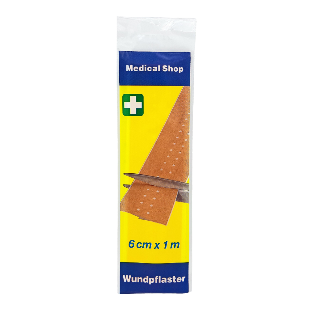 Afgebeeld is een verpakking wondpleisters 'Medical Shop' van Holthaus Medical GmbH & Co. KG, 6 cm x 1 m, zak stijf. Op de verpakking is een schaar afgebeeld die een strook van de pleister 'stijf' snijdt. Het ontwerp is blauw en geel, met een groen kruis symbool en de tekst '6 cm x 1 m'. Perfect voor een effectieve wondverzorging.