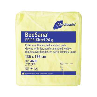 Een verpakking Meditrade BeeSana® PP/PE-jas XL, 26 g van Meditrade GmbH, maat 136 x 136 cm, bevat 10 gele waterdichte beschermjassen met bindband. Fabrikant- en productinformatie staan op de verpakking vermeld.