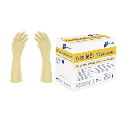 Twee beige Meditrade Gentle Skin® Isopretex® chirurgische handschoenen, steriel en poedervrij, worden naast een doos tentoongesteld. De doos is in het Engels en Duits geëtiketteerd en benadrukt de steriele en poedervrije eigenschappen van de handschoenen. Symbolen benadrukken de latexfrije samenstelling en de naleving van veiligheidsnormen.