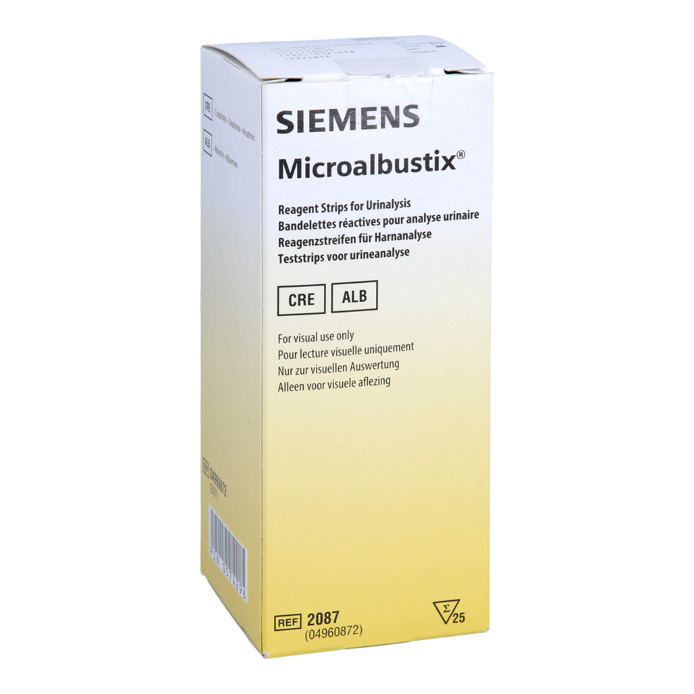 De wit-gele Servoprax Microalbustix urineteststripdoos (25 stuks) is voorzien van meertalige tekst, benadrukt CRE- en ALB-tests voor microalbuminurie-screening en wordt visueel geëvalueerd voor urineanalyse.