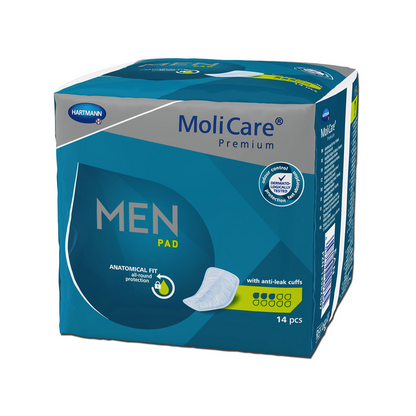 Een doos Hartmann MoliCare® Premium MEN PAD Inlegkruisje - 14 stuks, met anatomische pasvorm en lekvrije randjes. De verpakking is overwegend blauw en bevat productinformatie en afbeeldingen.