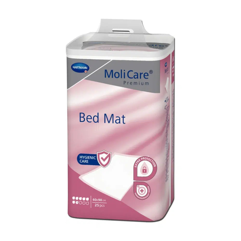 Een verpakking MoliCare® Premium Bed Mat bedbeschermingsonderlegger 7 druppels met 25 stuks, gepresenteerd in een roze-wit ontwerp dat bescherming en hygiëne benadrukt, van Paul Hartmann AG.