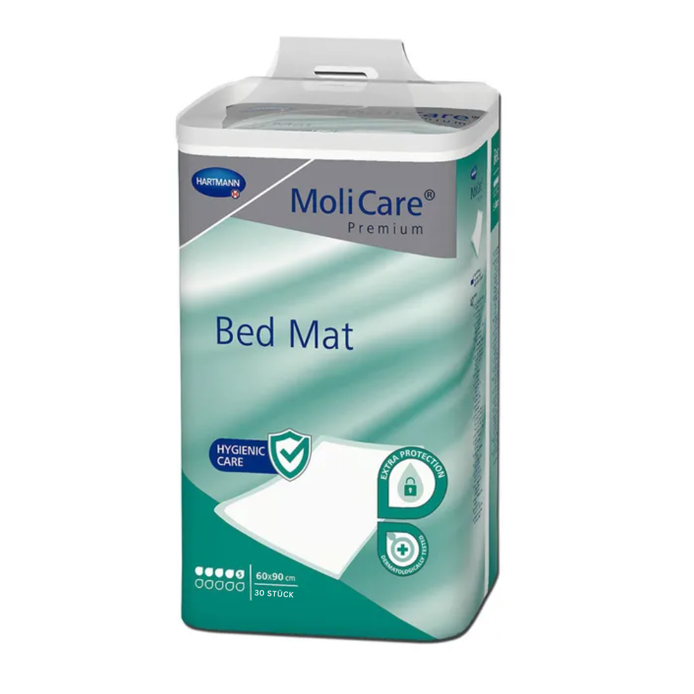 Een verpakking MoliCare® Premium Bed Mat bedbeschermingsmat 5 druppels van Paul Hartmann AG met informatie over hygiëne en bescherming, inhoud 30 stuks, afgebeeld op een witte achtergrond.