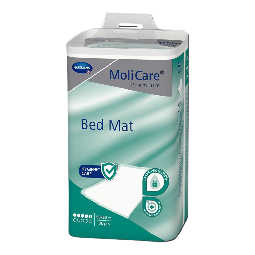 Een verpakking MoliCare® Premium Bed Mat bedbeschermingsmat 5 druppels van Paul Hartmann AG. De doos is groen en wit, draagt de productnaam en de vermelding dat deze 30 stuks bevat, en benadrukt daarmee de hygiënische verzorging en bedbescherming.