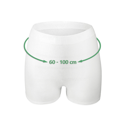 Die Hartmann MoliCare® Premium Fixpants aus weißem Netzgewebe von Paul Hartmann AG ist mit einem grünen Pfeil gekennzeichnet, der einen Taillenumfang von 60–100 cm anzeigt und sich perfekt für den sicheren Halt von Inkontinenzeinlagen eignet.