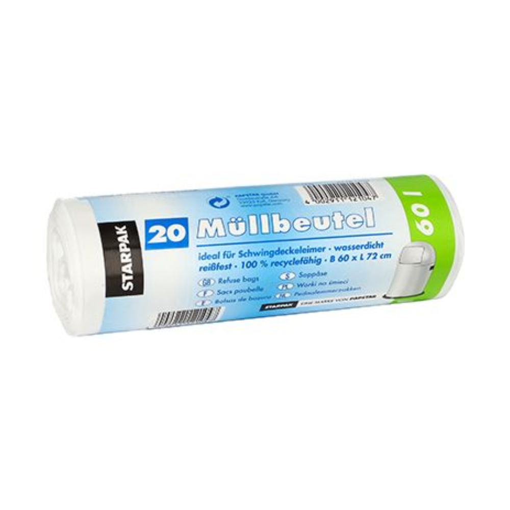 Een rol Starpak vuilniszakken bevat 20 witte, waterdichte en scheurbestendige zakken. Ze zijn 60 x 72 cm groot, hebben een inhoud van maximaal 60 liter en zijn voor 100% gemaakt van recyclebare materialen. De verpakking is blauw en groen.