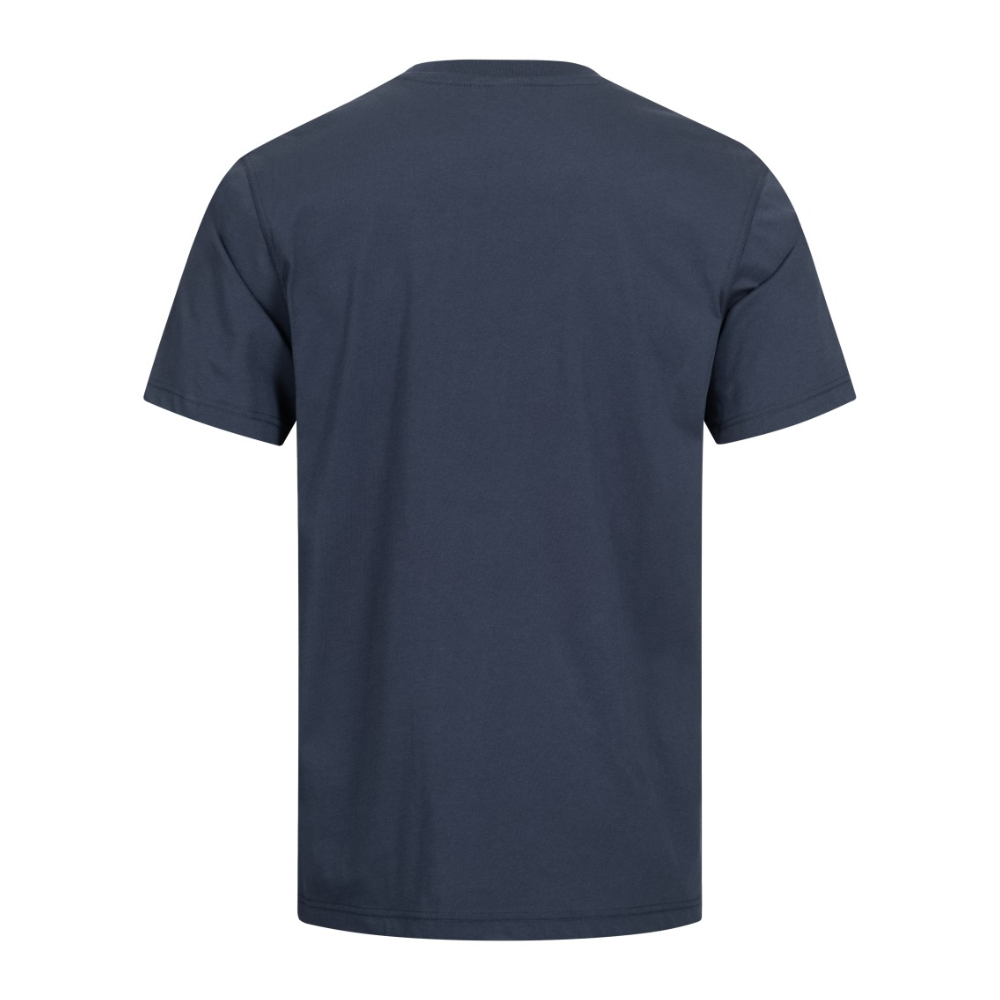Das AS Arbeitsschutz GmbH NITRAS MOTION TEX LIGHT T-Shirt in Dunkelblau aus OEKO-TEX zertifizierter Baumwolle ist auf weißem Hintergrund abgebildet. Die Rückansicht unterstreicht sein minimalistisches Design mit kurzen Ärmeln und rundem Ausschnitt.