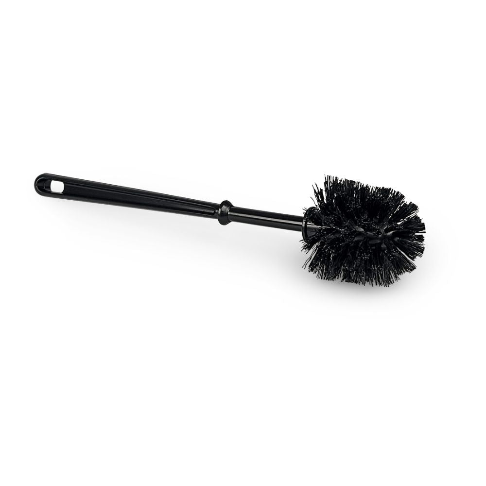 Die Nölle Profi WC-Bürste schwarz (38 cm, Ø 75 mm) von Nölle Profi Brush Bürsten- & Pinseltechnik e.K. überzeugt durch langlebigen Kunststoffgriff und rundem Bürstenkopf - ideal für das Bad, fotografiert vor weißem Hintergrund.