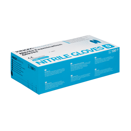 Een doos met nitril-onderzoekshandschoenen van Kingfa in een cyaan-witte verpakking, vervaardigd uit 100 % synthetisch nitril en latexvrij. De verpakking bevat 100 stuks. Er staat een tekst op die de productkenmerken benadrukt.