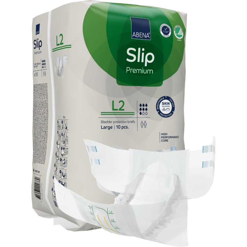 Een verpakking ABENA Slip Premium incontinentieslips van Abena Re-Seller GmbH, maat Large (L2), bevat 10 stuks. Een slip is gedeeltelijk uit de verpakking gehaald om het ontwerp en de voering te tonen.