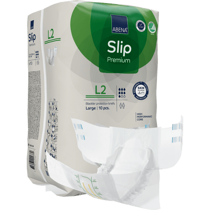 Een verpakking ABENA Slip Premium incontinentieslips van Abena Re-Seller GmbH, maat Large (L2), bevat 10 stuks. Een slip is gedeeltelijk uit de verpakking gehaald om het ontwerp en de voering te tonen.