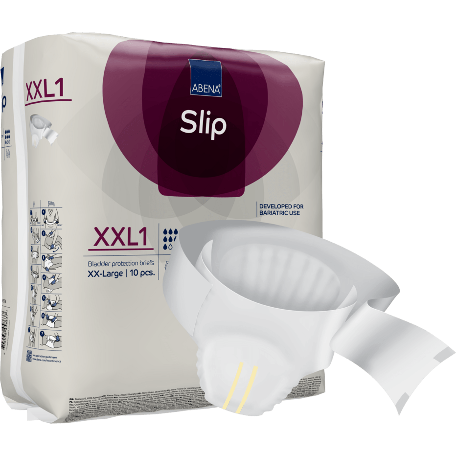 Een verpakking met het opschrift "ABENA Slip Premium" van Abena Re-Seller GmbH toont een wegwerp-incontinentieslip voor effectieve zorg, die zich onderscheidt door zijn absorberende kern, de veilige kleefstrips en het ontwerp geschikt voor bariatrisch gebruik.