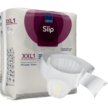 Een verpakking met het opschrift "ABENA Slip Premium" van Abena Re-Seller GmbH toont een wegwerp-incontinentieslip voor effectieve zorg, die zich onderscheidt door zijn absorberende kern, de veilige kleefstrips en het ontwerp geschikt voor bariatrisch gebruik.