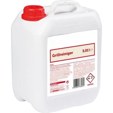 Een witte kunststofcontainer met een rood deksel en handvat, gelabeld met "GastroPower Grillan Grillreiniger, 5 l" van Abena Re-Seller GmbH. Ideaal voor gebruik in de horeca, het Duitse etiket toont veiligheidsinstructies en productinformatie. Verpakking: 1 stuk (2*1).