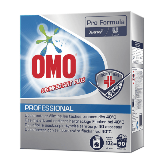 Het gaat om een verpakking Omo Professional Disinfectant Plus, desinfecterend wasmiddel (8550 g) van Diversey Deutschland GmbH & Co. OHG. Op de verpakking wordt de doeltreffendheid bij het verwijderen van hardnekkige vlekken bij 40 °C benadrukt en staan de logo’s van Unilever en Diversey, evenals gebruiksaanwijzingen.