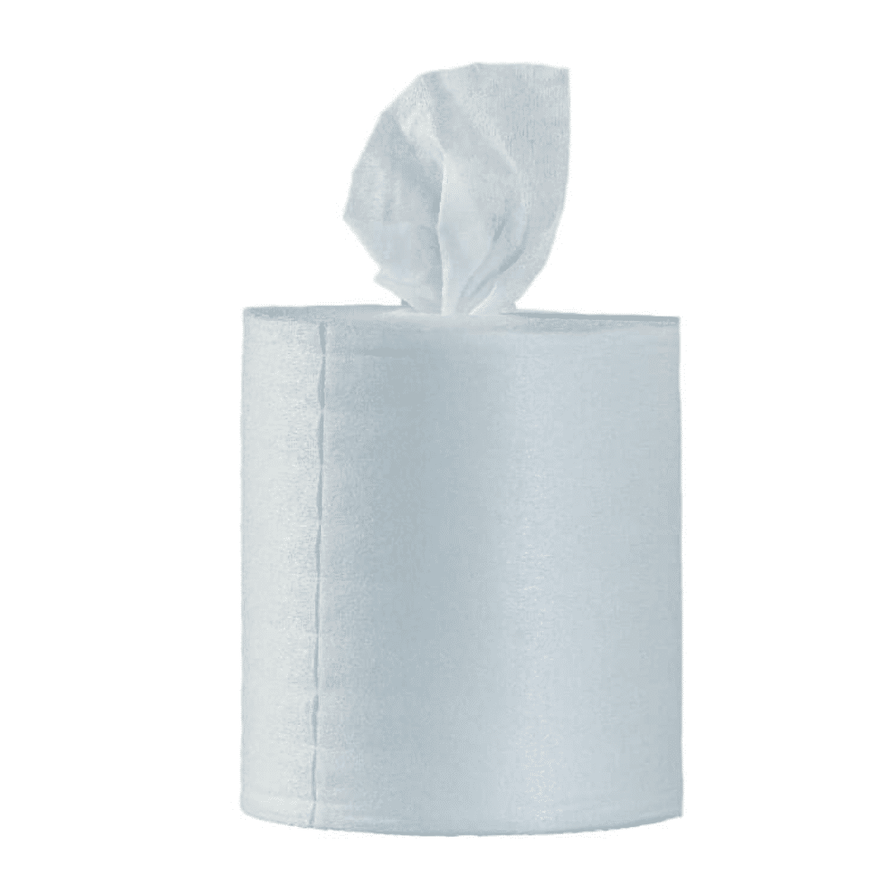 Een rol Optimum11 BestWipes vochtige desinfectiedoekjes met een enkel, gedeeltelijk van bovenaf afgerold vel ligt elegant voor een eenvoudige, witte achtergrond. De smetteloze witte kleur benadrukt de reinheid en netheid en maakt ze de ideale keuze voor het handhaven van hygiëne.