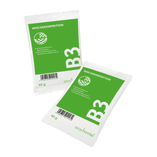 Twee witte pakjes met het opschrift "B3" van orochemie GmbH + Co KG, elk 40 g, bevatten poedervormig concentraat voor oppervlaktedesinfectie. Product: Uitlopend artikel Orochemie B 3 Wisdesinfectie - 60 zakjes à 40 g.