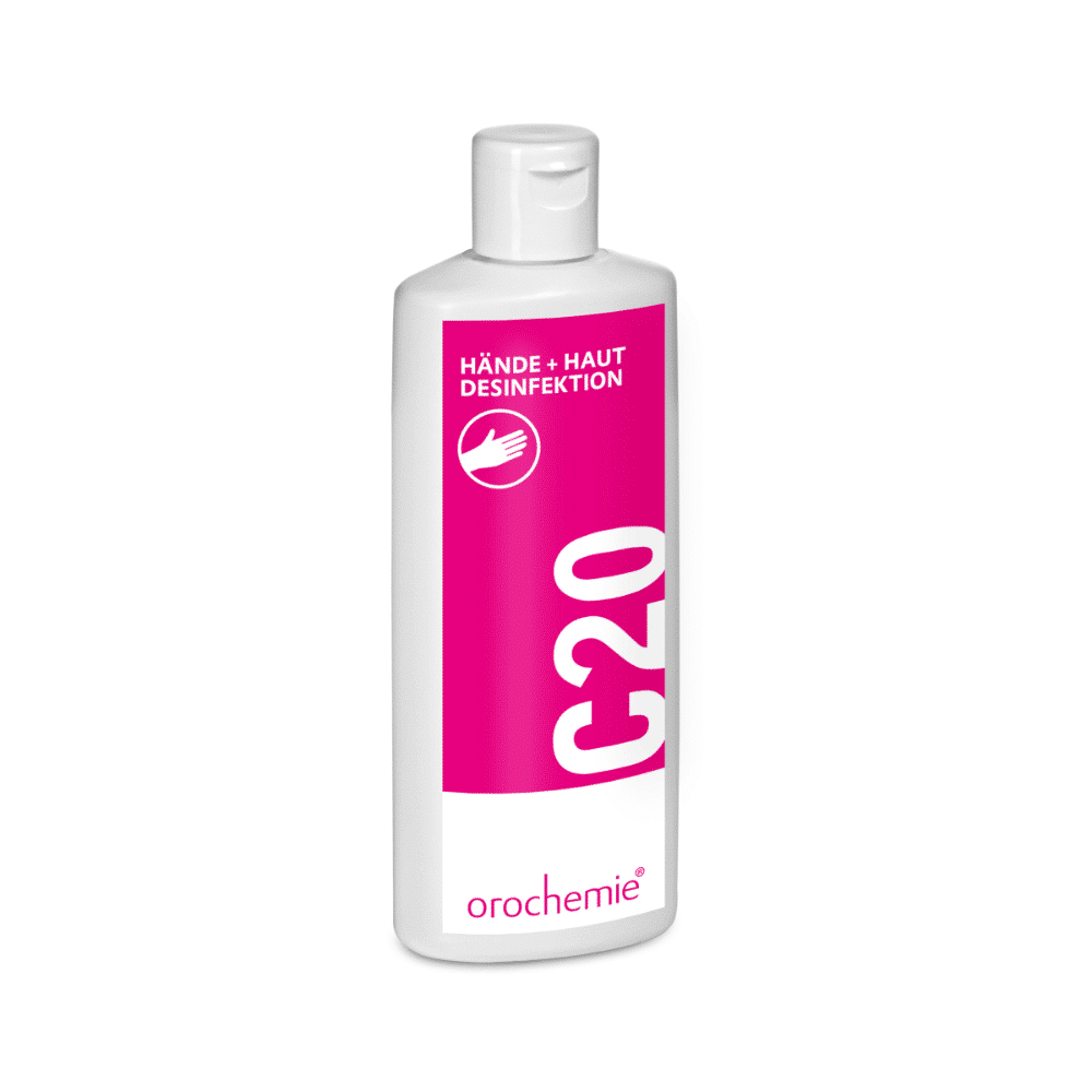 Weiße Kunststoffflasche mit rosa Etikett mit der Aufschrift "HÄNDE + HAUT DESINFEKTION" und "C 20". Orochemie C 20 Hände- & Hautdesinfektionsmittel von orochemie GmbH + Co KG ist ideal für die hygienische Händedesinfektion, mit dem Markennamen am Boden.