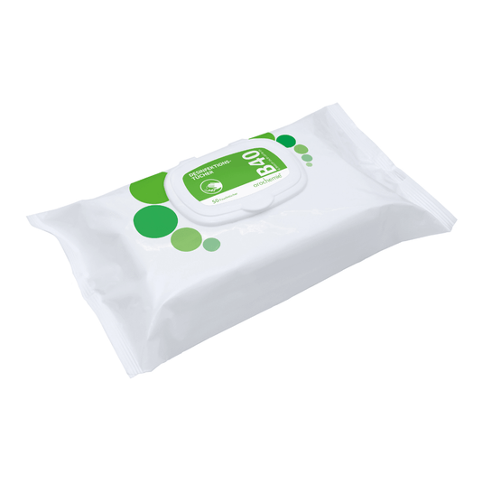 Een verpakking Orochemie B 40 desinfectiedoekjes, gebruiksklaar, met een groen etiket met het Engelse opschrift „refreshing“, speciaal ontworpen voor snelle desinfectie, op een eenvoudige witte achtergrond.