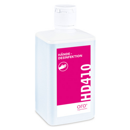 Een witte kunststof fles met witte dop en roze etiket draagt het opschrift "Orochemie HD 410 Handdesinfectie" van orochemie GmbH + Co KG en is voorzien van een handsymbool voor hygiënische handdesinfectie.