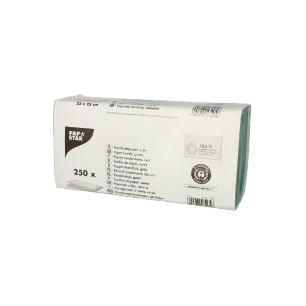 Deze set van 250 groene, milieuvriendelijke papieren servetten van PAPSTAR GmbH van gerecycled kreukpapier heeft de afmetingen 25 x 23 cm. De verpakking presenteert productdetails en het iconische PAPSTAR-logo en garandeert kwaliteit en duurzaamheid bij elk gebruik.