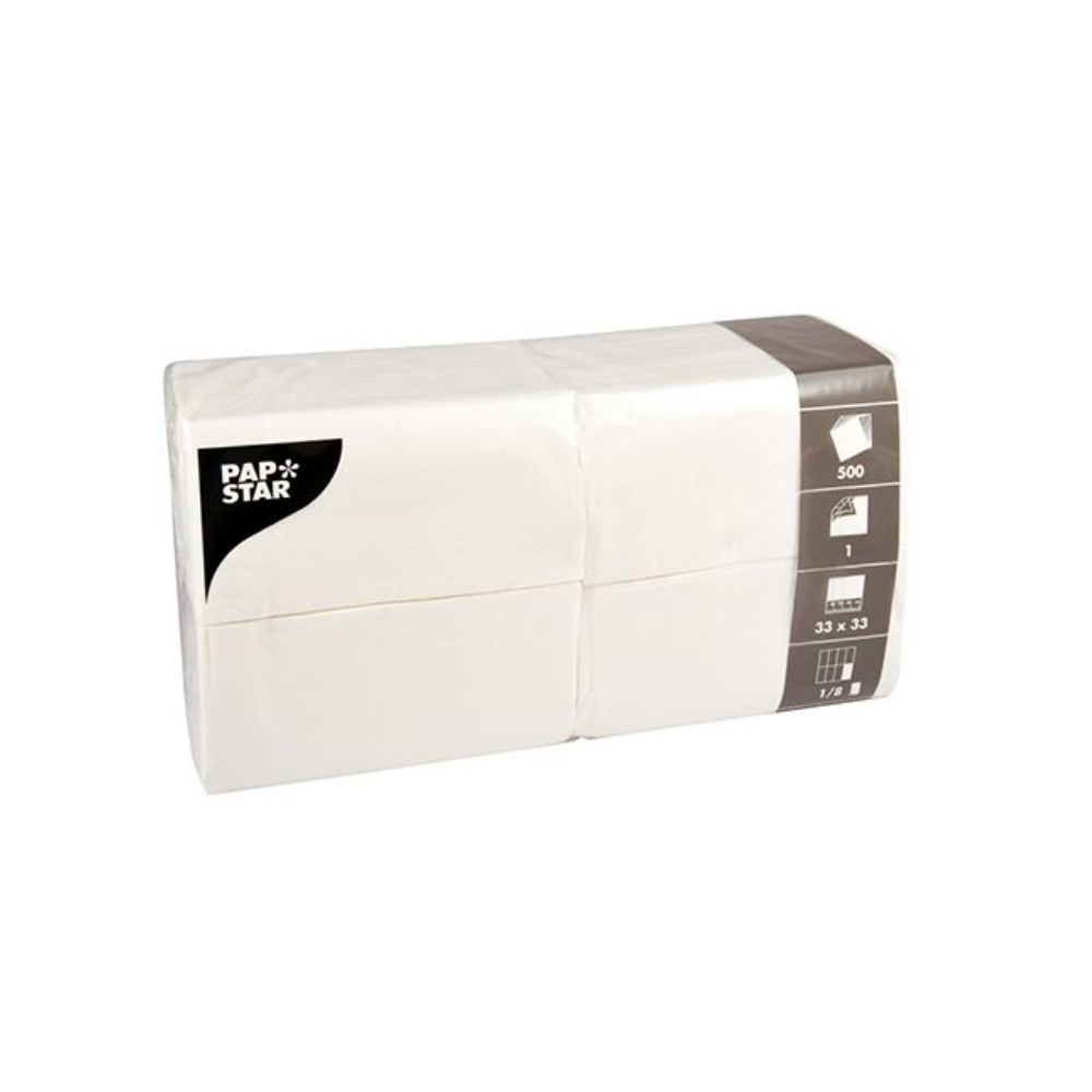 De verpakking bevat een set van 500 witte PAPSTAR-servetten in het formaat 33 x 33 cm. Ze dragen het handelsmerk van de gerenommeerde PAPSTAR GmbH en zijn voorzien van symbolen die de grootte en het aantal servetten aangeven. Daarmee zijn ze perfect geschikt voor de horeca.