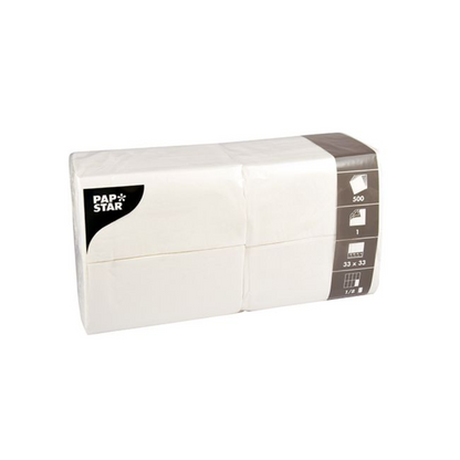 De verpakking bevat een set van 500 witte PAPSTAR-servetten in het formaat 33 x 33 cm. Ze dragen het handelsmerk van de gerenommeerde PAPSTAR GmbH en zijn voorzien van symbolen die de grootte en het aantal servetten aangeven. Daarmee zijn ze perfect geschikt voor de horeca.