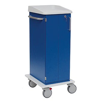 De Novocal verzorgings- en werkwagen heeft een blauw ontwerp met een witte kunststof plaat, zijhandgreep, afsluitbare kastdeur en vier grote grijze wielen voor mobiliteit.
