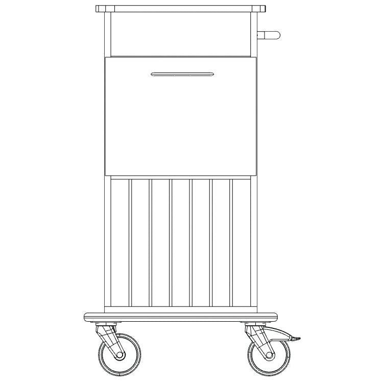 Zwart-witte lijntekening van de Novocal zorg- en werkwagen: rechthoekige behuizing, lade met horizontale greep, vier zwenkwielen, horizontale greep rechtsboven. Werkt als muurbeveiliging. Merk: Novocal. Verpakking (1 stuk).