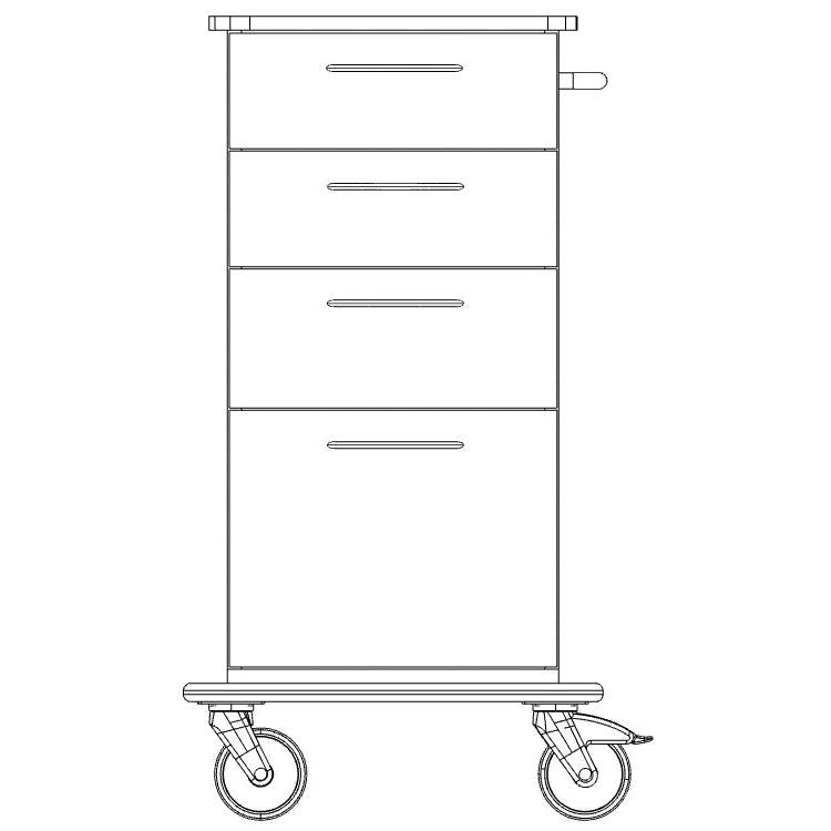 Lijntekening van een Novocal verzorgings- en werkwagen chassis van volledig kunststof, met vier laden met handgrepen, een rechter handgreepstang en vier wielen (twee zichtbaar). Merk: Novocal.
