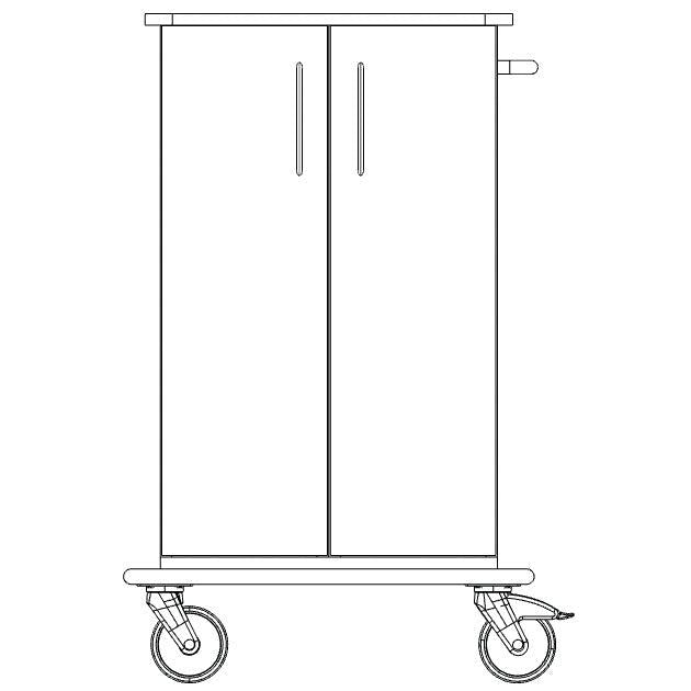 Vooraanzicht lijntekening van een Novocal verzorgings- en werkwagen chassis met twee deuren, rechtszijdige handgreep en vier wielen Merk: Novocal. Verpakking: 1 stuk. Gemaakt van massief kunststof.