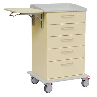 De Novocal verzorgings- en werkwagen is beige gelakt, heeft vijf laden, een grijs blad, een uittrekbaar zijblad en een volledig kunststof onderstel met vier wielen - waarvan twee met rode remhendels voor meer stabiliteit.