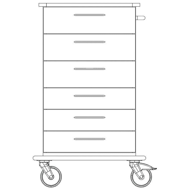 Vooraanzicht lijntekening van het Novocal verzorgings- en werkwagen chassis met vijf horizontale laden en twee grote wielen aan de onderkant. Merk: Novocal. Verpakking (1 stuk).
