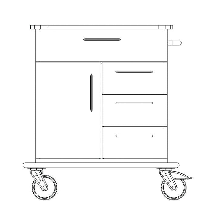 Zwart-witte lijntekening van een Novocal verzorgings- en werkwagen chassis (volledig kunststof), met een bovenste lade, drie zijlades, een kastdeur, grote wielen en een handgreep aan de rechterkant. Merk: Novocal.