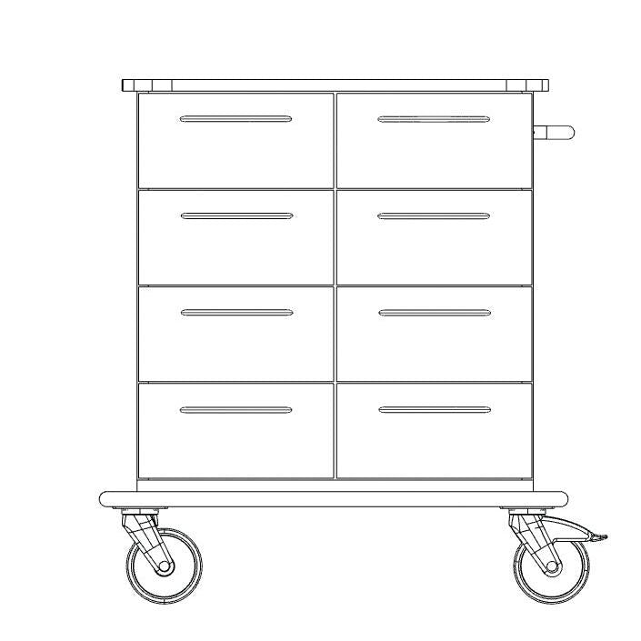 Een zwart-witte lijntekening toont de Novocal zorg- en werkwagen: een verrijdbare wagen met 8 laden in 2 kolommen en 4 rijen, grote voorwielen, kleine achterwielen, een handgreep aan de rechterkant en een volledig kunststof plaat. Merk: Novocal.