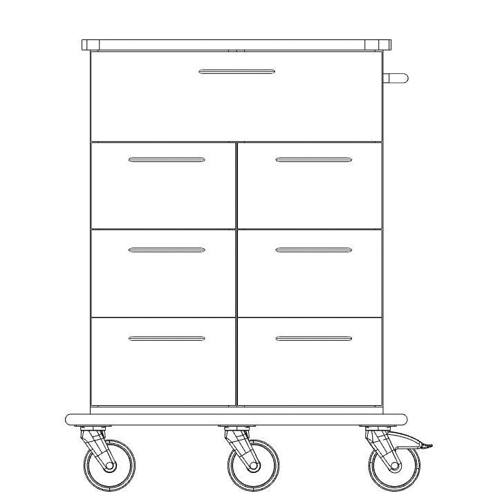 Lijntekening van een Novocal verzorgings- en werkwagen chassis van volledig kunststof met een grote bovenlade, zes kleinere laden in twee rijen, een rechter zijhandgreep en vier zwenkwielen aan de basis.