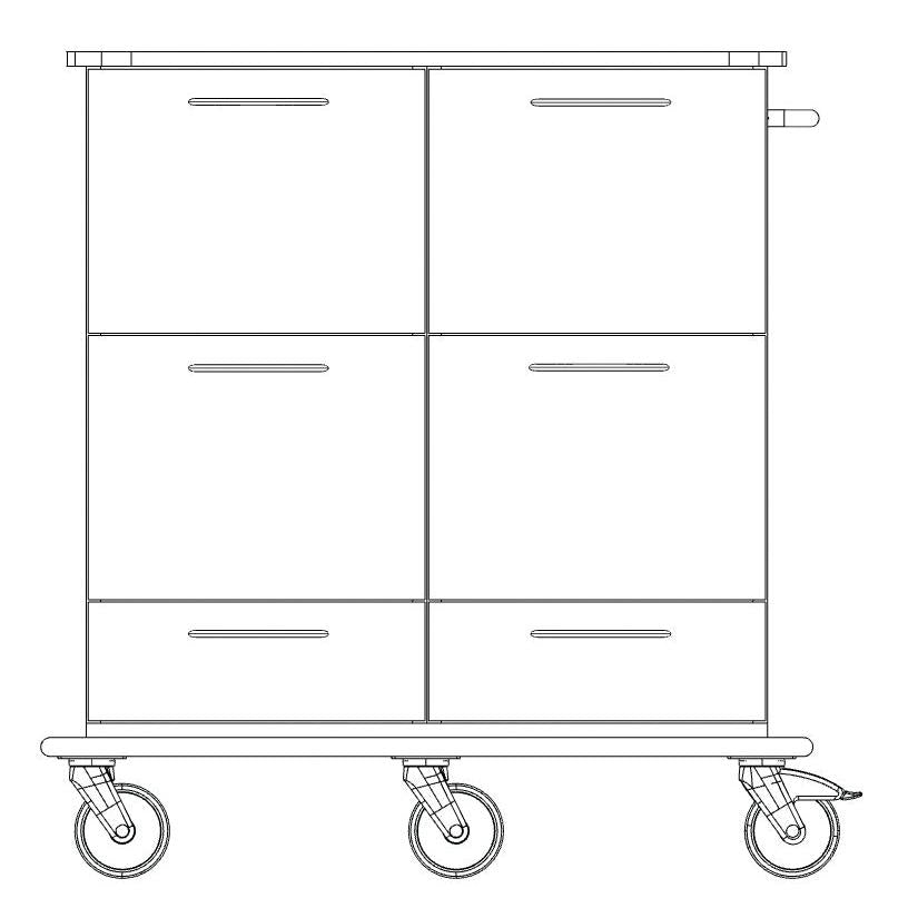 Lijntekening van de Novocal verzorgings- en werkwagen: een rechthoekige wagen met zes laden (2 kolommen x 3 rijen), vier wielen en een handgreep aan de rechterkant voor gemakkelijk verplaatsen. Merk: Novocal.