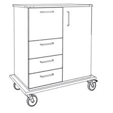 Lijntekening van de Novocal verzorgings- en werkwagen: links drie uittreksels, rechts een een-deurs kast, robuuste kunststofplaat en vier zwenkwielen. Merk: Novocal. Verpakking (1 stuk).