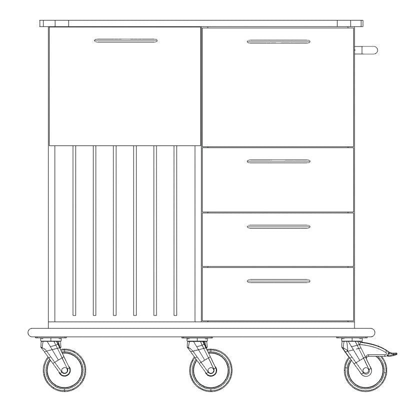 Zwart-witte lijntekening van de Novocal verzorgings- en werkwagen: vier wielen, drie rechter lades, linker kast met verticale lamellen, ruim vak voor het transport van werkmaterialen en een handgreep aan de rechterkant. Merk: Novocal.