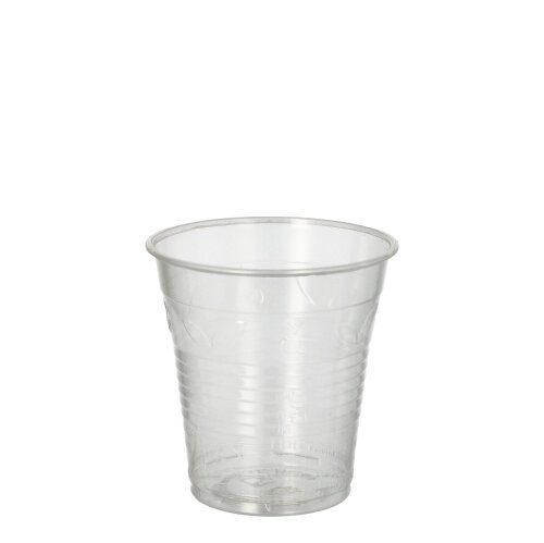Deze PAPSTAR 'pure' koude drankbeker van helder PLA-kunststof met geribbeld ontwerp is een milieuvriendelijk alternatief. De 0,15 liter beker lijkt leeg en staat op een witte achtergrond.