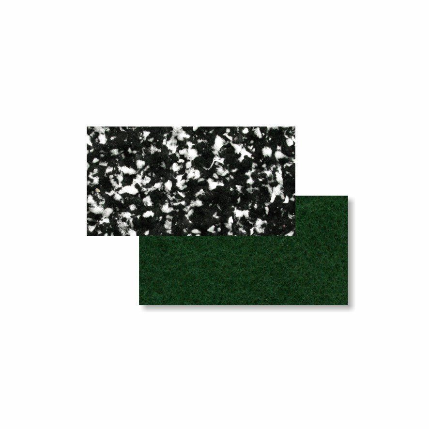 Twee rechthoekige Arcora Pu-handpads van Arcora International GmbH (doos van 10) voor de gebouwreiniging overlappen elkaar op een witte achtergrond: het bovenste pad is zwart met witte spikkels, het onderste is effen donkergroen.