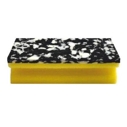 Das Arcora PU-PAD SCHWAMM (150 x 70 x 45 mm) der Arcora International GmbH hat eine gelbe PU-Schaum-Basis und eine schwarz-weiß marmorierte Scheuerfläche; erhältlich in 10er-Packungen, abgebildet auf weißem Hintergrund.