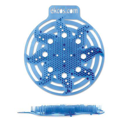 De Ekcos Power Screen urinoirmat - 30+ dagen van Diversey Deutschland GmbH & Co. OHG is een blauwe, ronde mat met gaten en verhoogde borstelharen voor een langdurige geurcontrole, voorzien van een zonachtig ontwerp en de tekst "ekcos.com".