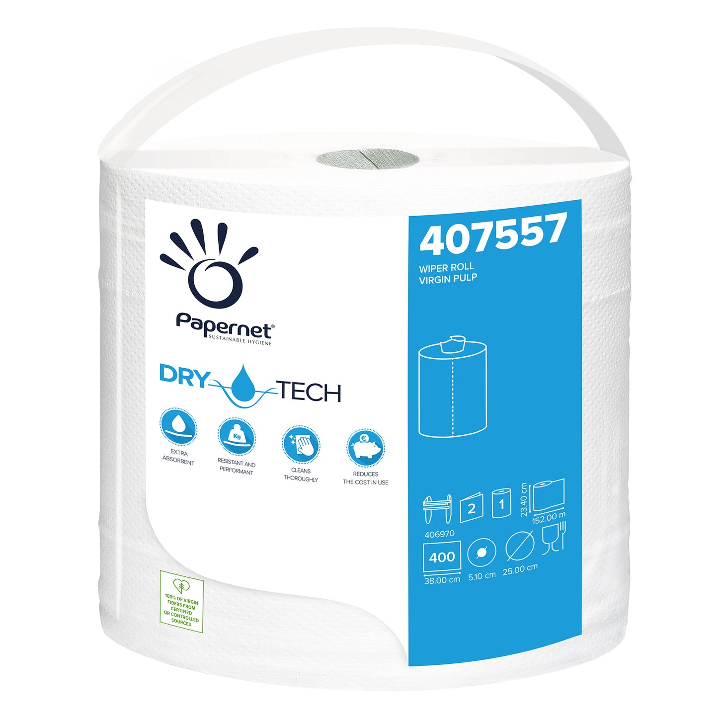 Een rol Papernet industrieel papierrol 407557 van Sofidel Germany GmbH wordt gekenmerkt door de 'Dry Tech Technologie' op de verpakking. Het is voorzien van recyclingsymbolen en bevat 400 vellen, wat zorgt voor efficiëntie en duurzaamheid. De witte rol meet 380 cm x 51,0 cm x 25,0 cm en is daarmee een ideale keuze voor industrieel gebruik.
