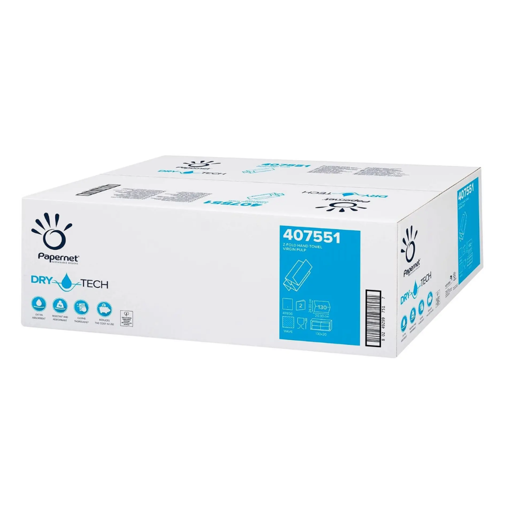 Een doos met tissues van het merk Sofidel Germany GmbH in Z-vouw ontwerp met het opschrift 'Vouwhanddoeken 407551 met Dry Tech'. De witte doos met blauw-zwarte tekst is verzegeld en toont symbolen voor industriële toepassingen en hanteringsinstructies.